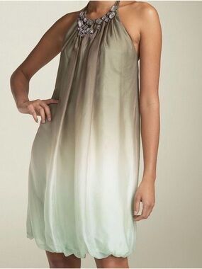 ABS Allen Schwartz Sage-to-Cream Ombre Halter Mini Dress with Jeweled Neckline